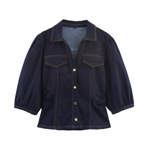 Chemise En Denim À Manches Bouffantes Boutonnée Et Pantalon Droit Pour Femmes Indigo Mode Décontractée Confortable Coton