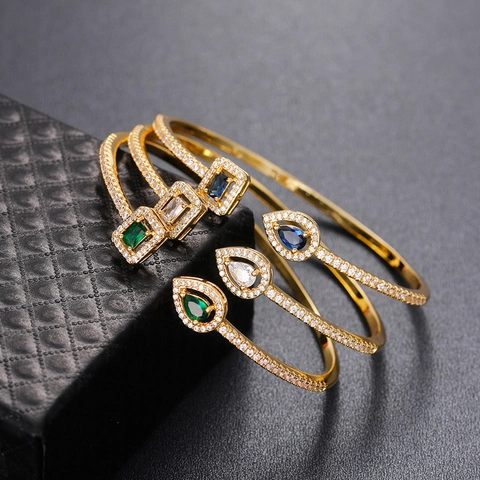 Copper Open Cuff Bracelet Geometric Cubic Zirconia Teardrop Rectangle CZ Inlaid Elegant Party Bangle Jewelry For Women