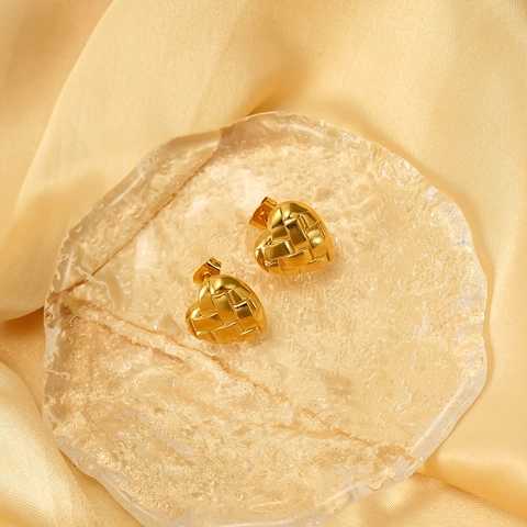 Heart Stud Earrings 18K Gold Plated 304 Stainless Steel Woven Texture Braided Pattern Elegant Fashion Jewelry For Women