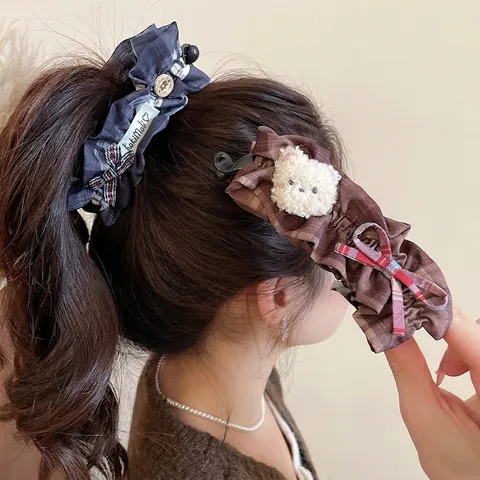 Plaid Fabric Banana Hair Clip With Plush Bear And Bow Knot Vintage Style Twist Hair Accessory For Women