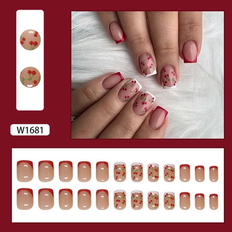 Uñas A Presión De Cereza Francesa Cuadradas Punta Roja Uñas Postizas Artificiales Extraíbles Plástico ABS Manicura Mujeres