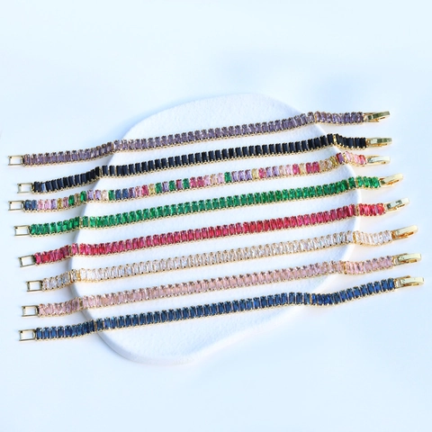 Pulsera Tennis Mujer Cobre Bañado En Oro De 18K Circonita De Corte Rectangular Joyería Elegante De Lujo Hebilla Deslizante Ajustable