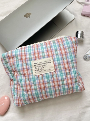 Trousse De Toilette En Coton Matelassé À Carreaux Organisateur De Maquillage Coloré Pochette De Lavage De Voyage Avec Fermeture Éclair