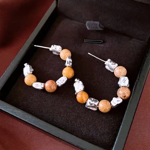 Retro C-Hoop-Ohrringe Mit Unregelmäßigen Kupferperlen Und Steinperlen Mit 925er Sterling Silber Ohrstecker Bohemian Stil