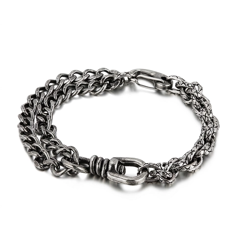 Men's 316L Stainless Steel Bracelet Retro Industrial Cuban And Woven Dual Chain Heavy Metal Hip Hop Streetwear