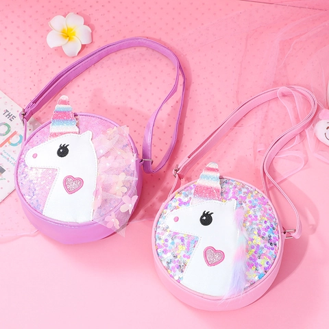 Borsa A Tracolla Rotonda Unicorno Per Bambine Pelle PU Paillettes Glitter Cartone Animato Per Uso Quotidiano
