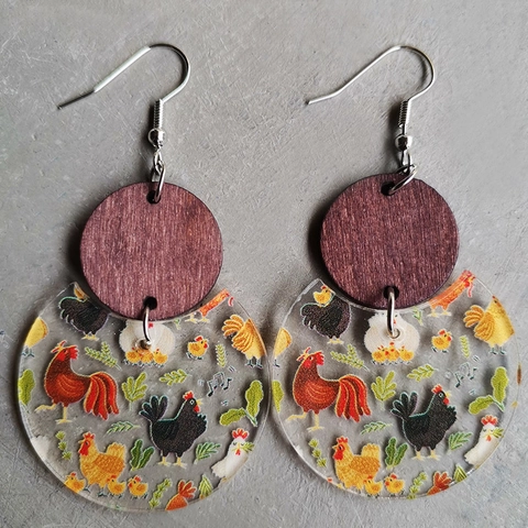 Holz Acryl Drop Ohrringe Ahornblatt Pilz Huhn Muster Erntedankfest Ländlicher Stil Schmuck Damen Geschenk Accessoire