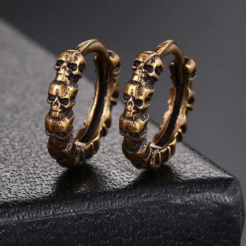 Punk Gothic Skull Hoop Earrings Copper Zirconia Inlaid Vintage Style Halloween Hip Hop Jewelry For Men Women