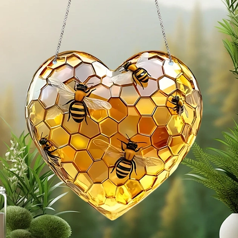 Herzform Biene Waben Hängende Dekoration Acryl Bernstein Gold Sonnenfänger Für Haus Fenster Garten Wanddekoration