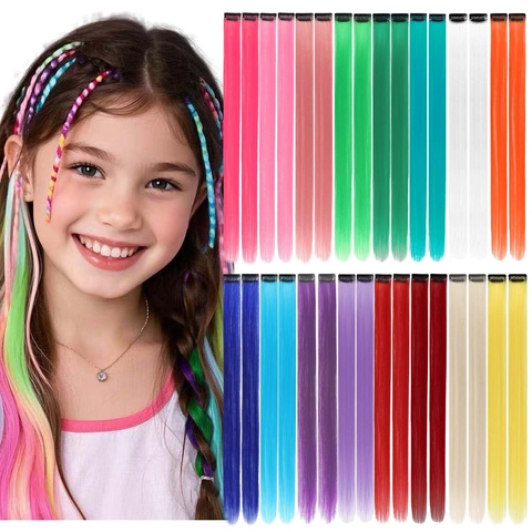 Colorful Long Straight Hair Extension High Temperature Synthetic Fiber Clip In Highlight Gradient Hair For Women Kids