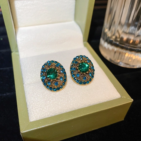 Retro French Oval Rhinestone Stud Earrings With 925 Sterling Silver Earring Post Elegant Palace Style Jewelry For Women
