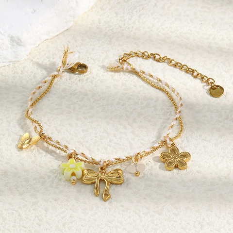 Pulsera De Mariposa Flor Lazo De Acero Inoxidable Chapado En Oro De 18K Doble Capa Cuerda Trenzada Ajustable Para Mujer