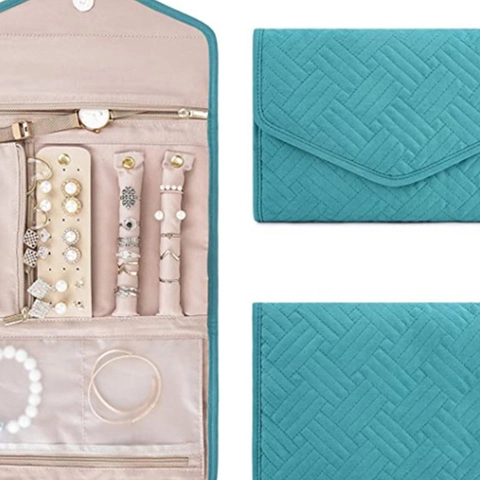 Borsa Porta Gioielli In Tessuto Trapuntato Organizzatore Da Viaggio Pieghevole Portatile Per Orecchini Collane Anelli