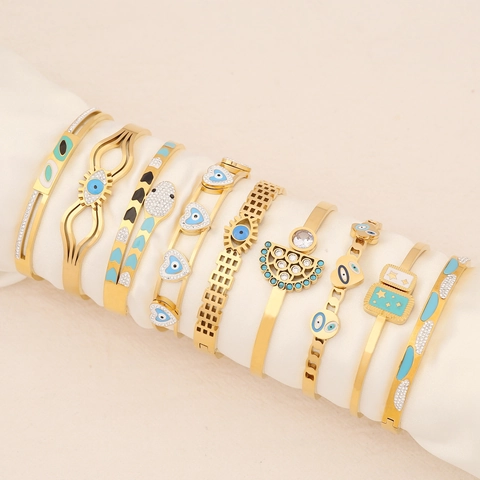 Fashion Evil Eye Snake Bangle Stainless Steel Gold Plated Enamel Zircon Bohemian Bracelet For Women