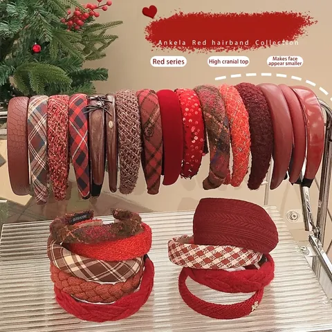 Vintage Red Headbands For Women Autumn Winter New Year Thick Padded Hair Hoops Leather Velvet Tweed Knit Elegant Accessories