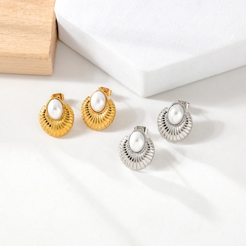 Pendientes De Botón Con Concha Vintage Acero Inoxidable 316 Bañado En Oro De 18K Perla Artificial De Imitación Ovalada Mujer