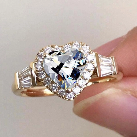 Heart Ring Copper Gold Plated Cubic Zirconia Sparkling Halo Baguette Side Stones Wedding Engagement Gift For Women