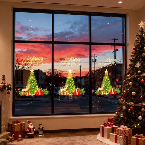 Pegatinas Estáticas Ventana Navidad PVC Pino Reno Copos De Nieve Merry Christmas Calcomanías Holiday Shop Home Decor