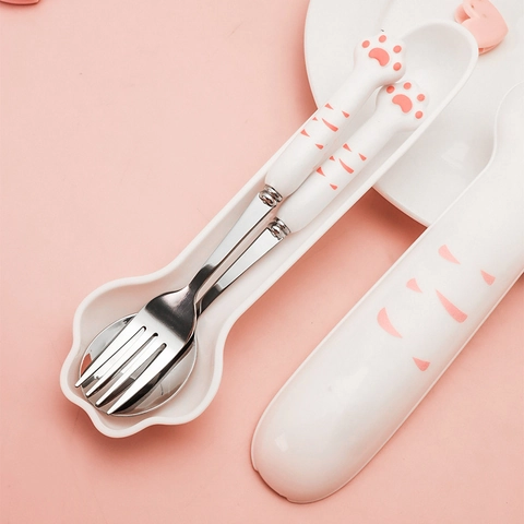 Cute Cat Paw Spoon And Fork Cutlery Stainless Steel Silicone Handle Portable Travel Picnic For Kids And Students Mirror Polished
