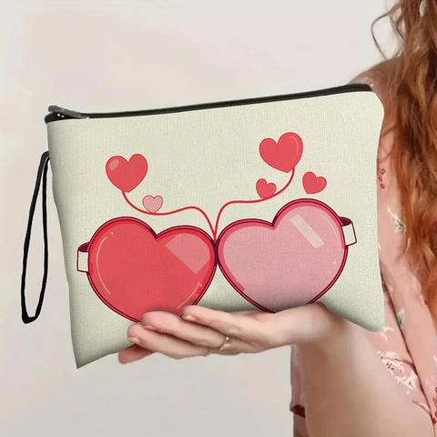 Makeup Bag Linen Texture Heart Print Cosmetic Pouch With Zipper Wrist Strap For Travel Storage Women Gifts