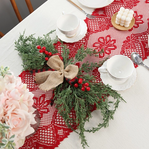 Amerikaanse Kerst Kant Tafel Runner Met Kwastjes Polyester Opengewerkt Bloemenpatroon Tafelsjaal Voor Feest Vakantie