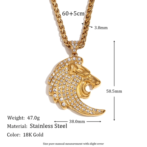 Lion Head Pendant Necklace Stainless Steel Full Rhinestone Zircon Inlaid Hip Hop Style Jewelry For Men 18K Gold Plated