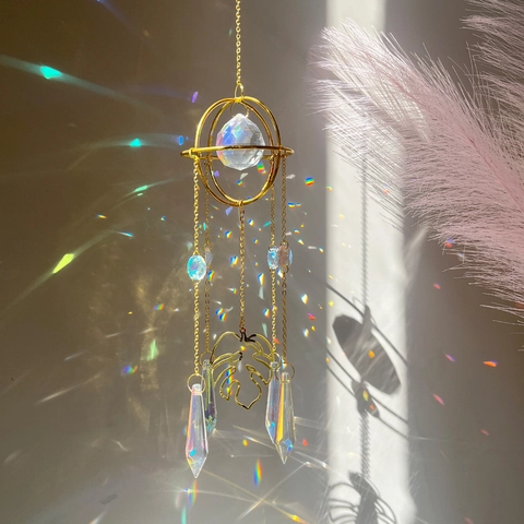 Crystal Suncatcher Prism Metal Leaf Hanging Ornament Rainbow Maker Window Garden Wind Chime Home Decoration