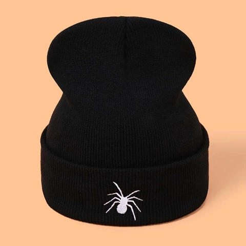 Embroidered Spider Beanie Hat Acrylic Cuffed Ribbed Knitted Cap Winter Warm Streetwear Gothic Casual Unisex Black