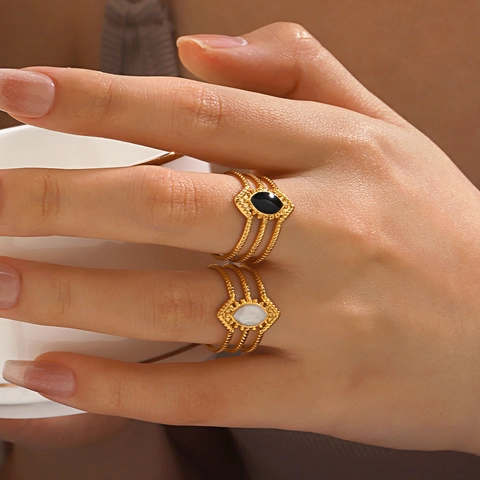Marquise Inlay Ring Stainless Steel Vacuum Gold Plated Open Adjustable French Retro Vintage Style For Women