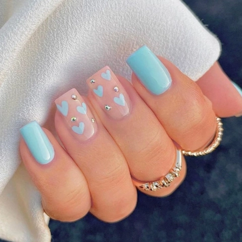 Press On Nails Blue And Nude Heart Pattern Rhinestone Long Square Fake Nails Detachable Manicure For Women