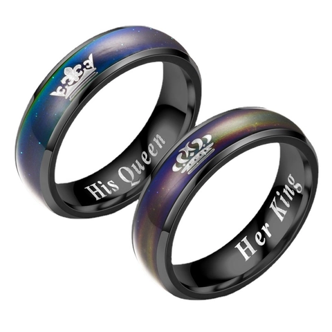 Anillo de Pareja de Acero Inoxidable Crown Her King His Queen Anillo de Humor Cambio de Color para Hombre Mujer Regalo de Joyería