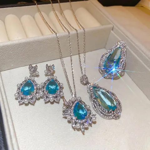 Collier Bague Boucles Doreilles Luxueux Zircone Bleue Goutte Deau Avec Künstliche Perle Dimitation Strass Tige En Argent
