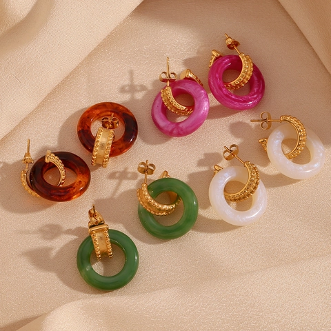 Retro Geometric Hoop Earrings 18K Gold Plated 316L Stainless Steel Acrylic Resin Tortoiseshell Contrast Color For Women