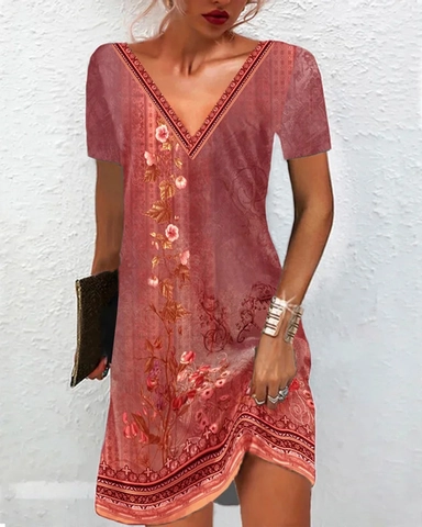 Damen Vintage Blumenmuster V-Ausschnitt Plus Size Kleid Kurzarm Baumwollmischung Lässig Lockeres Midi Kleid Für Sommerurlaub