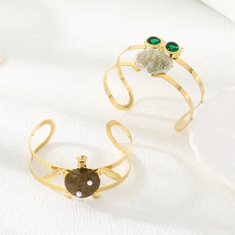 Bracelet Jonc Ouvert En Acier Inoxydable Hibou Tortue De Mer Design Animal Pour Femmes Plaqué Or Émail Künstliche Perle Bijoux