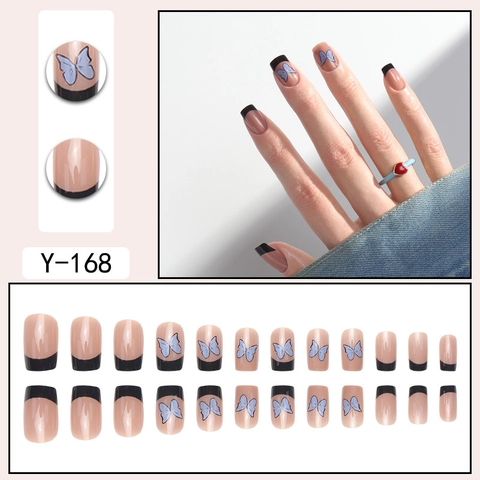 French Black Tip Press On Nails Blue Butterfly Square Full Cover Artificial False Nails Sweet Style For Women