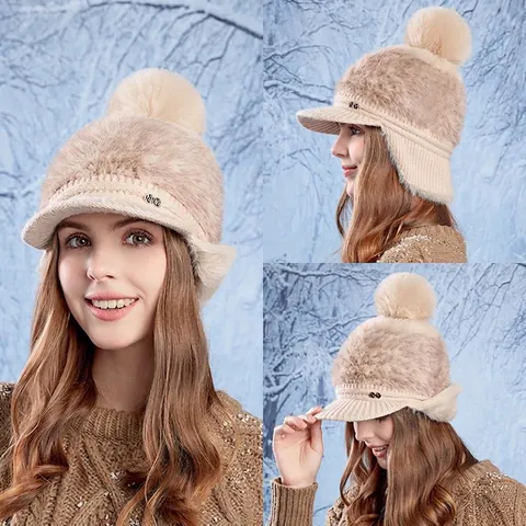 Cappello Da Baseball Invernale Donna Peluche Paraorecchie Visiera Maglia Pelliccia Sintetica Caldo Antivento Grande Pompon