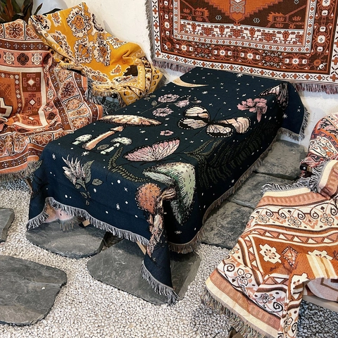 Bohemian Woven Throw Blanket Cotton Mushroom Butterfly Moon Pattern Tassel Decorative Multi-functional Sofa Cover Camping