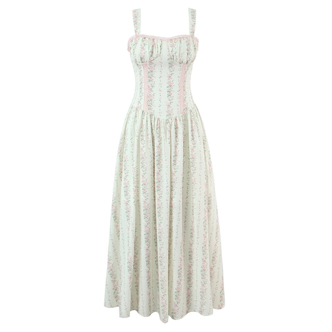 Floral Maxi Kleid Spaghettiträger Spitze Herzausschnitt Hohe Taille Cottagecore Französisch Retro Sommer Damen