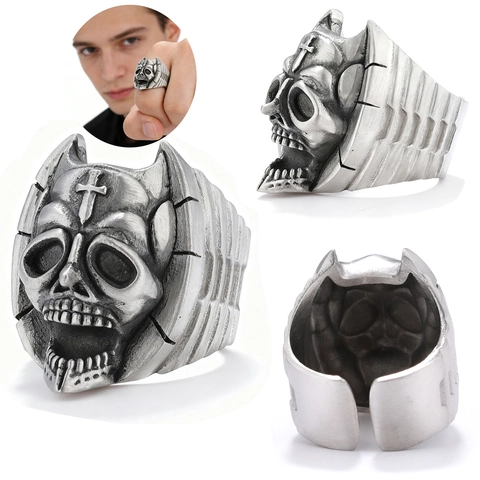 Skull Ring Alloy Vintage Silver Color Adjustable Open Cross Gothic Punk Style Jewelry For Men