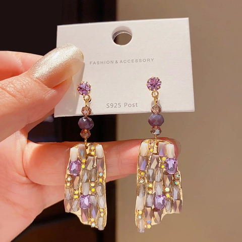 Orecchini Pendenti In Cristallo Viola Con Perno In Argento Sterling 925 Lega Strass Design Geometrico Di Lusso Per Donna
