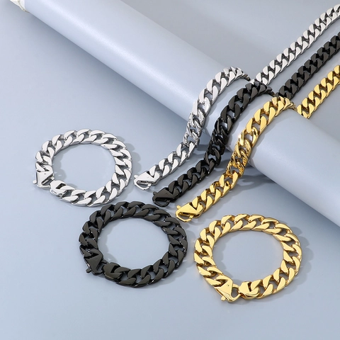 Uomini Hip Hop Collana Catena Cubana E Bracciale Acciaio Inossidabile Elettroplaccato Gioielli Catena A Maglie Piatte Per Ragazzi