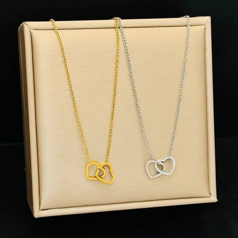 Collana Ciondolo Doppio Cuore Intrecciato Acciaio Titanio Elegante Catena Clavicola Regalo Gioielli Romantici