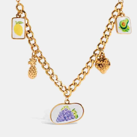 Collana Con Ciondolo Frutta In Acciaio Inossidabile Placcato Oro 18K Smalto Limone Uva Fragola Ciondoli Gioielli Dolci Da Donna