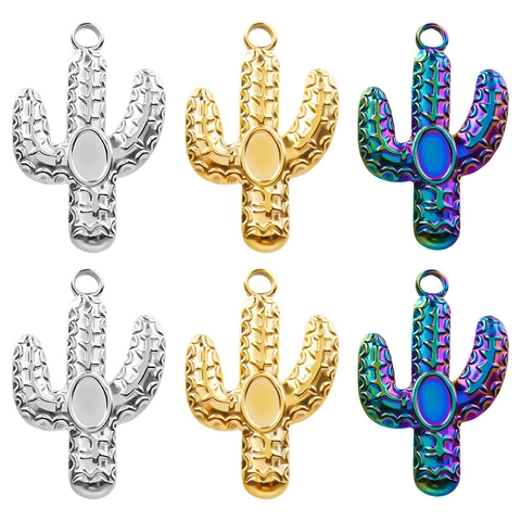 Kaktus Anhänger Halskette 304 Edelstahl Texturiert 18K Vergoldet Regenbogen Schmuck Zubehör Für Damen