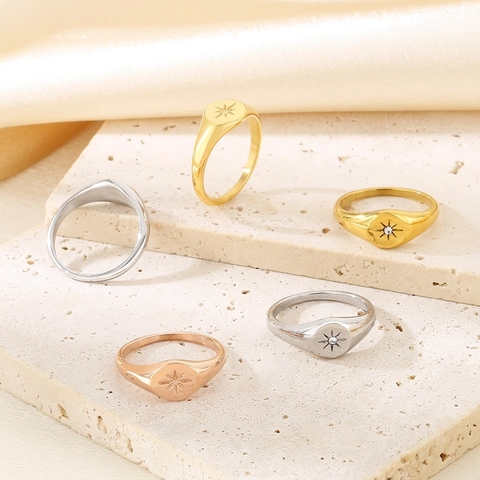 Anillo Sigillo Stella Polare Titanio Acciaio Inossidabile Placcato Oro Zirconia Gioielli Vintage Per Donna