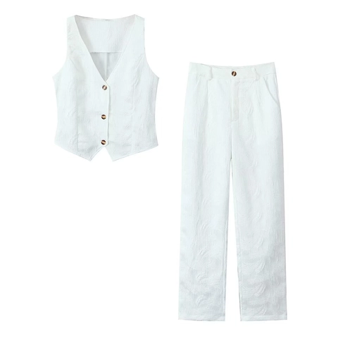 Completi Gilet E Pantaloni Da Donna In Jacquard Texturizzato Gilet Con Scollo A V E Bottoni Pantaloni Dritti Casual Chic