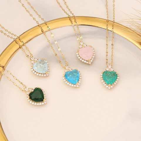 Heart Pendant Necklace Stainless Steel Copper Cubic Zirconia Colorful Stone Fashion Jewelry For Women Trendy