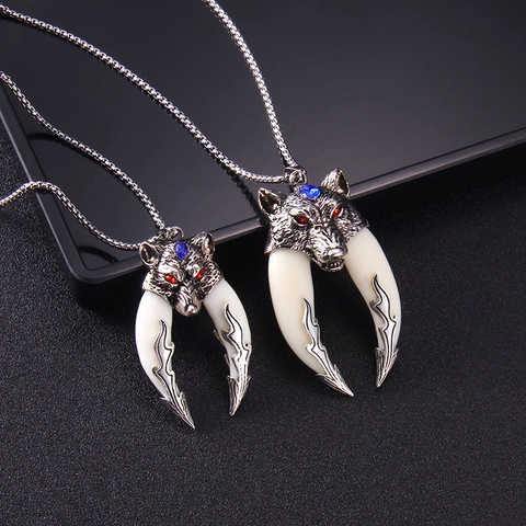 Vintage Stainless Steel Chain Alloy Dragon Wolf Head Faux Bone Wolf Fang Pendant Necklace Punk Jewelry For Men Gift