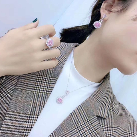Juego de Joyas de Lujo de Cobre Circonia Redonda Halo Collar Colgante Pendientes y Anillo Rosa Amarillo Cristal Mujer Boda